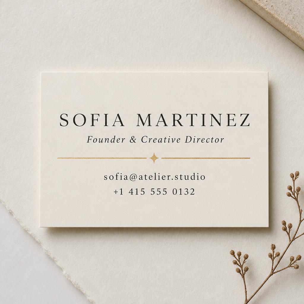 Elegant ivory business card with clear serif typography and gold foil accent