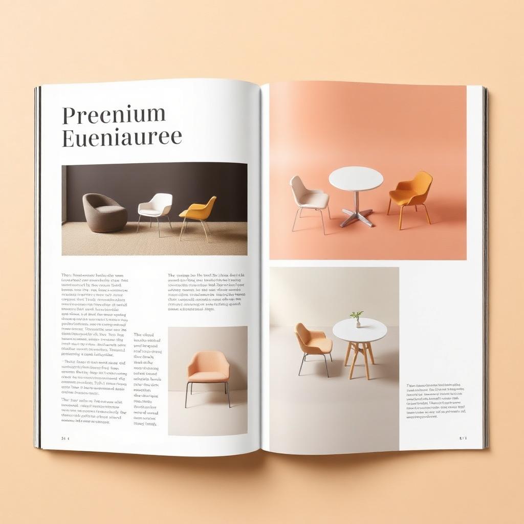 Premium furniture catalogue open with editorial layout