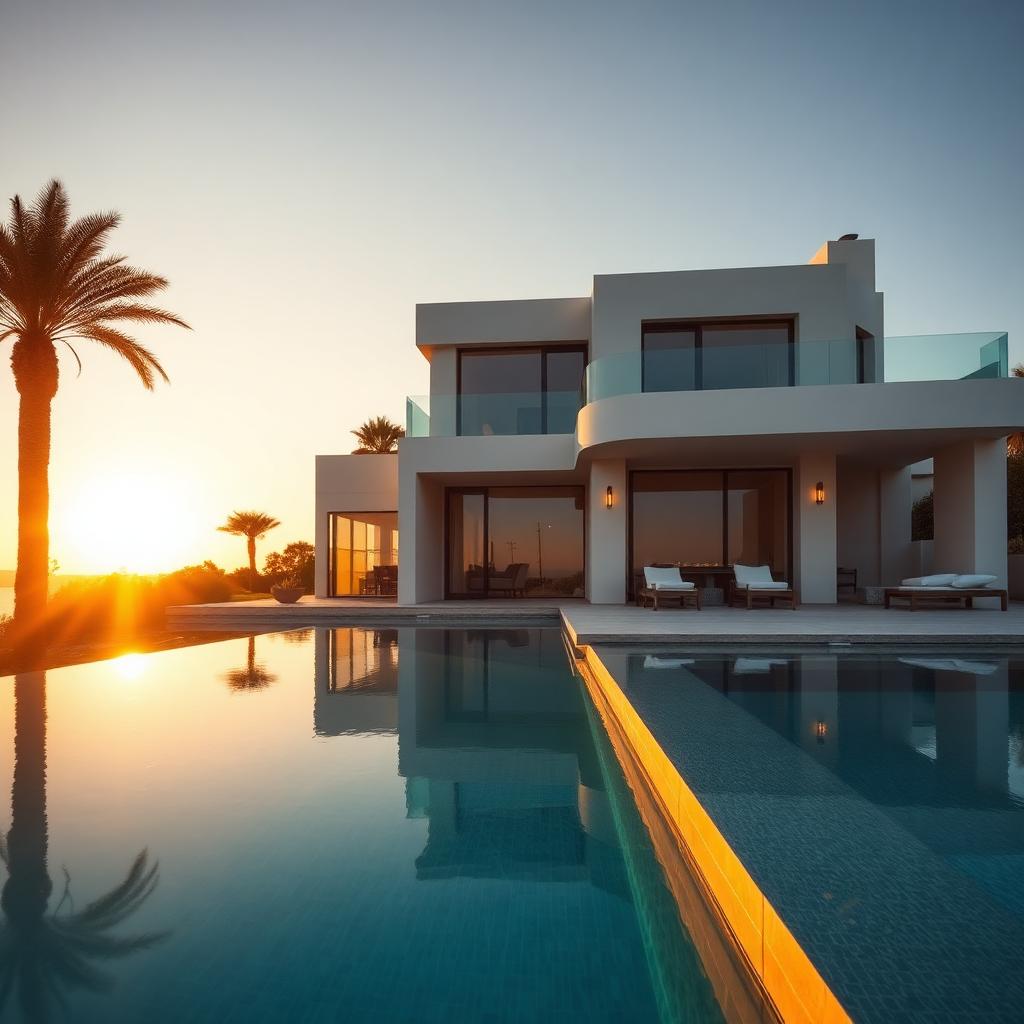 Luxury villa exterior at golden hour with infinity pool