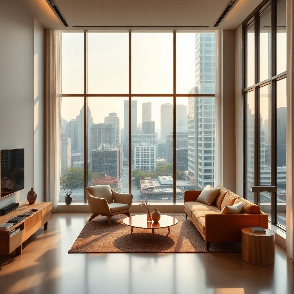 Warm modern apartment interior with city view