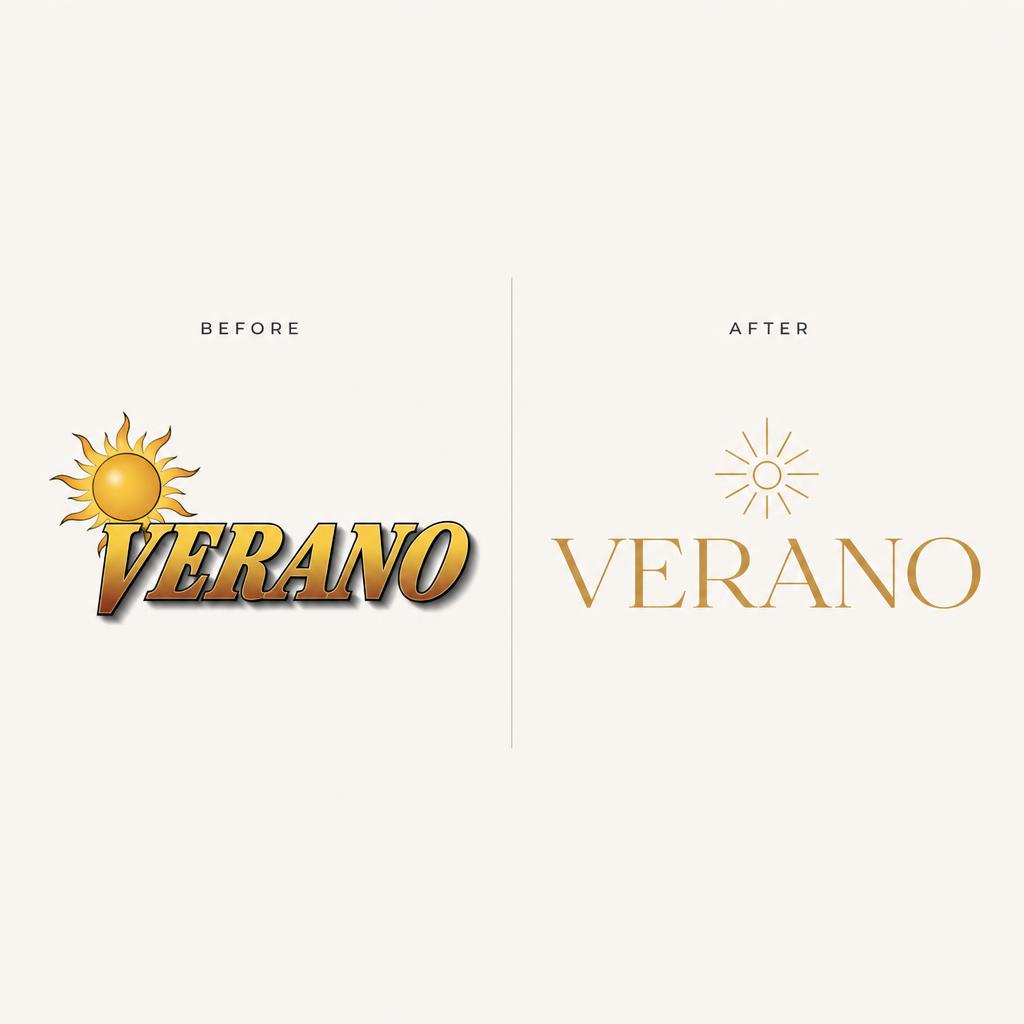 Before and after logo redesign for Verano — dated 90s style to modern serif wordmark